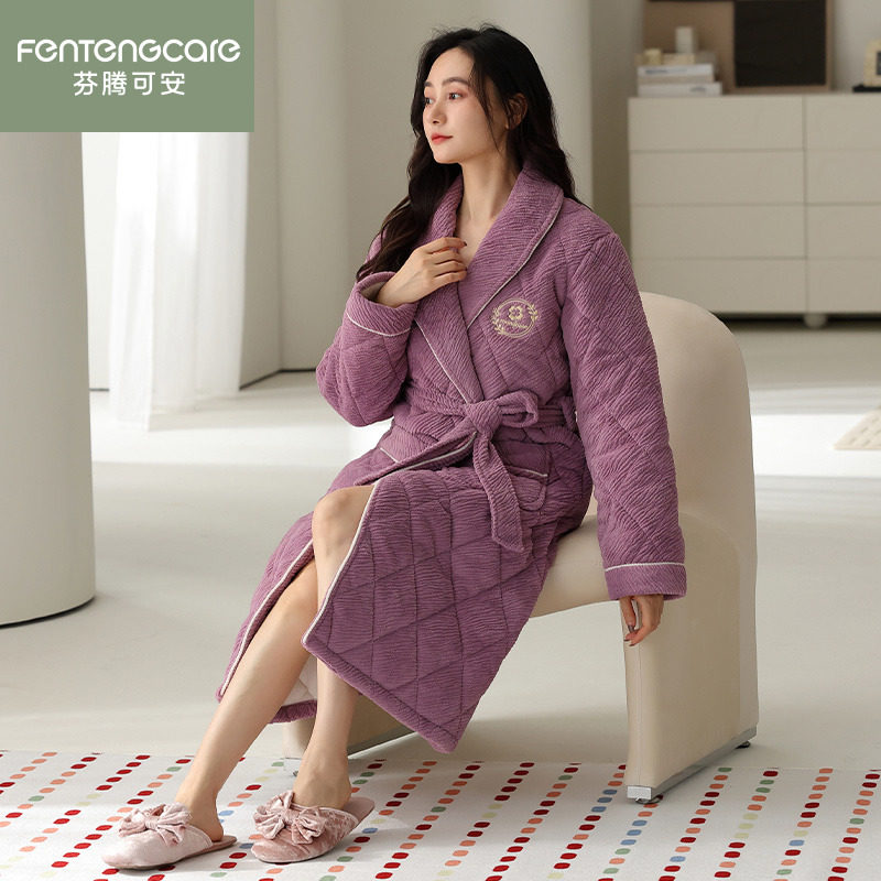 芬腾可安珊瑚绒睡衣女士睡袍冬款三层夹棉超厚保暖大码中长款裕袍