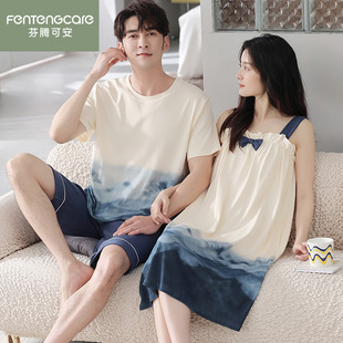 卡通吊带睡裙家居服夏天薄款 芬腾可安睡衣情侣装 一男一女纯棉夏季