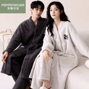 芬腾可安半边绒情侣睡衣女秋冬加厚保暖珊瑚绒长款 家居服 睡袍男士