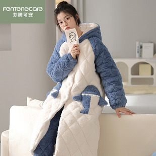 芬腾可安睡袍女秋冬三层夹棉长款睡衣珊瑚绒加厚可外穿家居服套装