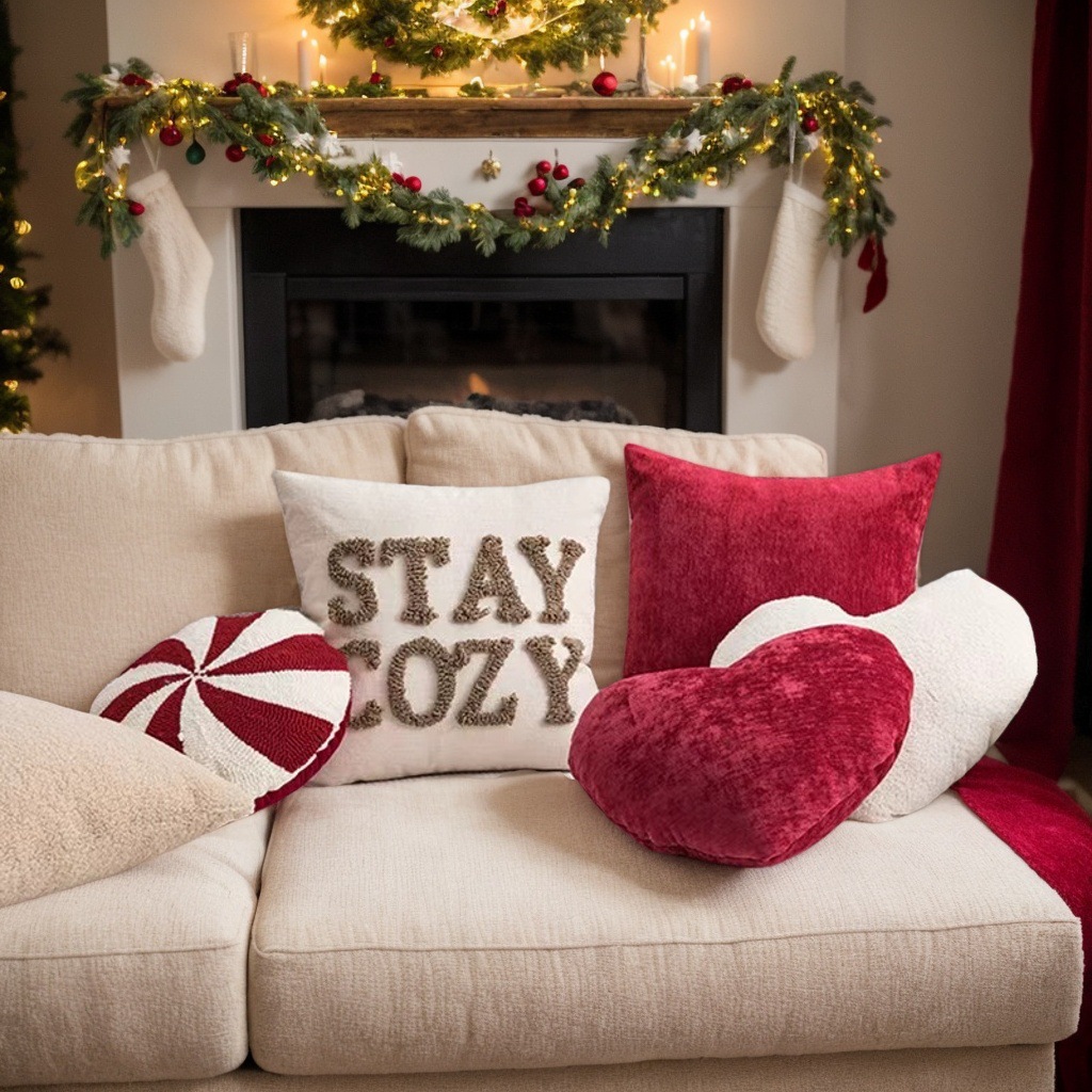 圣诞沙发客厅抱枕靠垫圣诞树节日礼物毛绒氛围感装饰红色新年靠枕