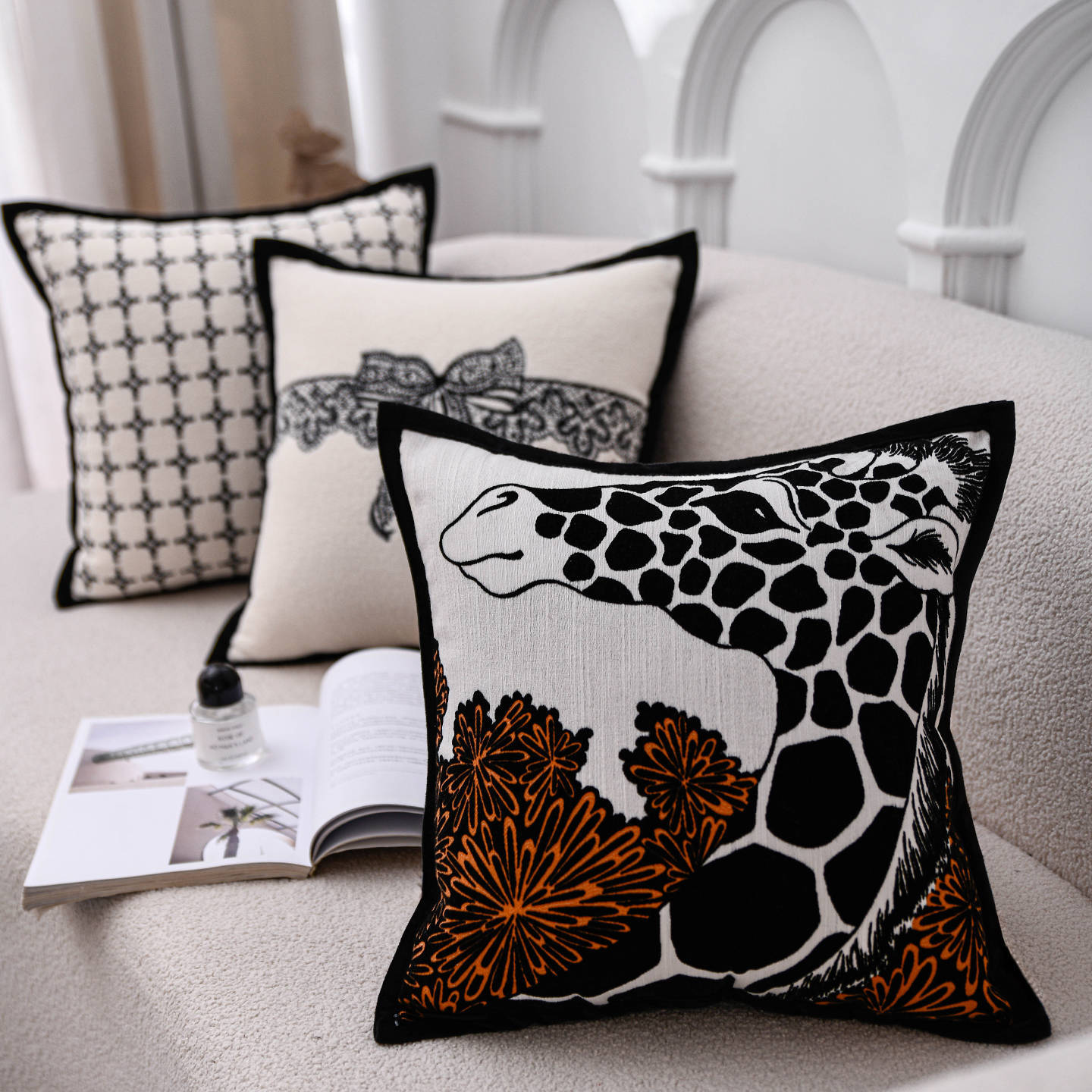 法式黑白抱枕靠垫沙发客厅靠垫抱枕套不含芯长方形靠枕套大靠背垫