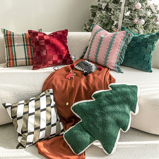 北欧风格 饰圣诞树靠垫新年 圣诞礼物抱枕客厅沙发靠枕套红色绿色装