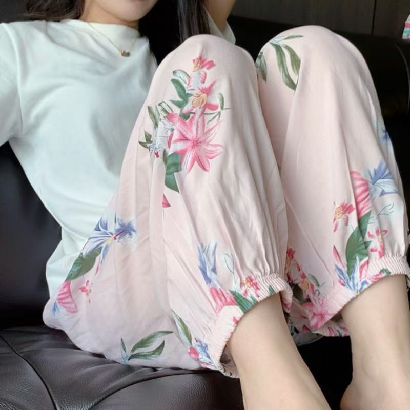 新款棉绸睡裤女夏防蚊沙滩休闲灯笼裤宽松家居外穿大码绵绸束脚裤