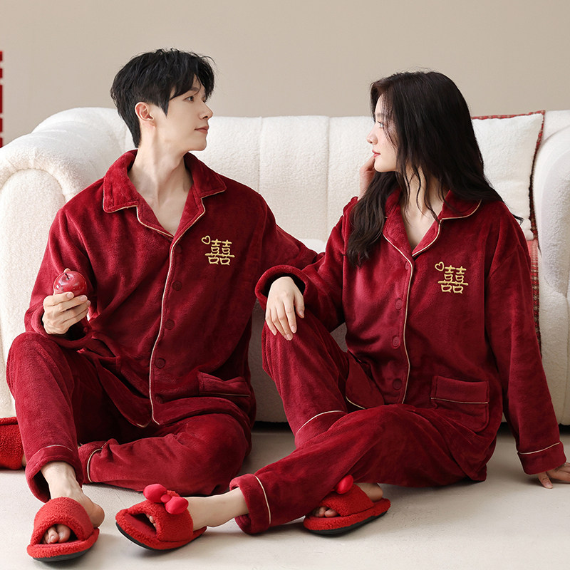 红色结婚新婚情侣法兰绒睡衣女秋冬季加厚保暖珊瑚绒男家居服套装