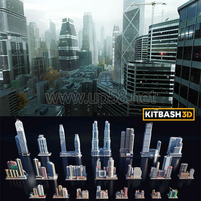C4D Blender UE香港都市街区摩天大楼公寓建筑3D模型kitbash3D