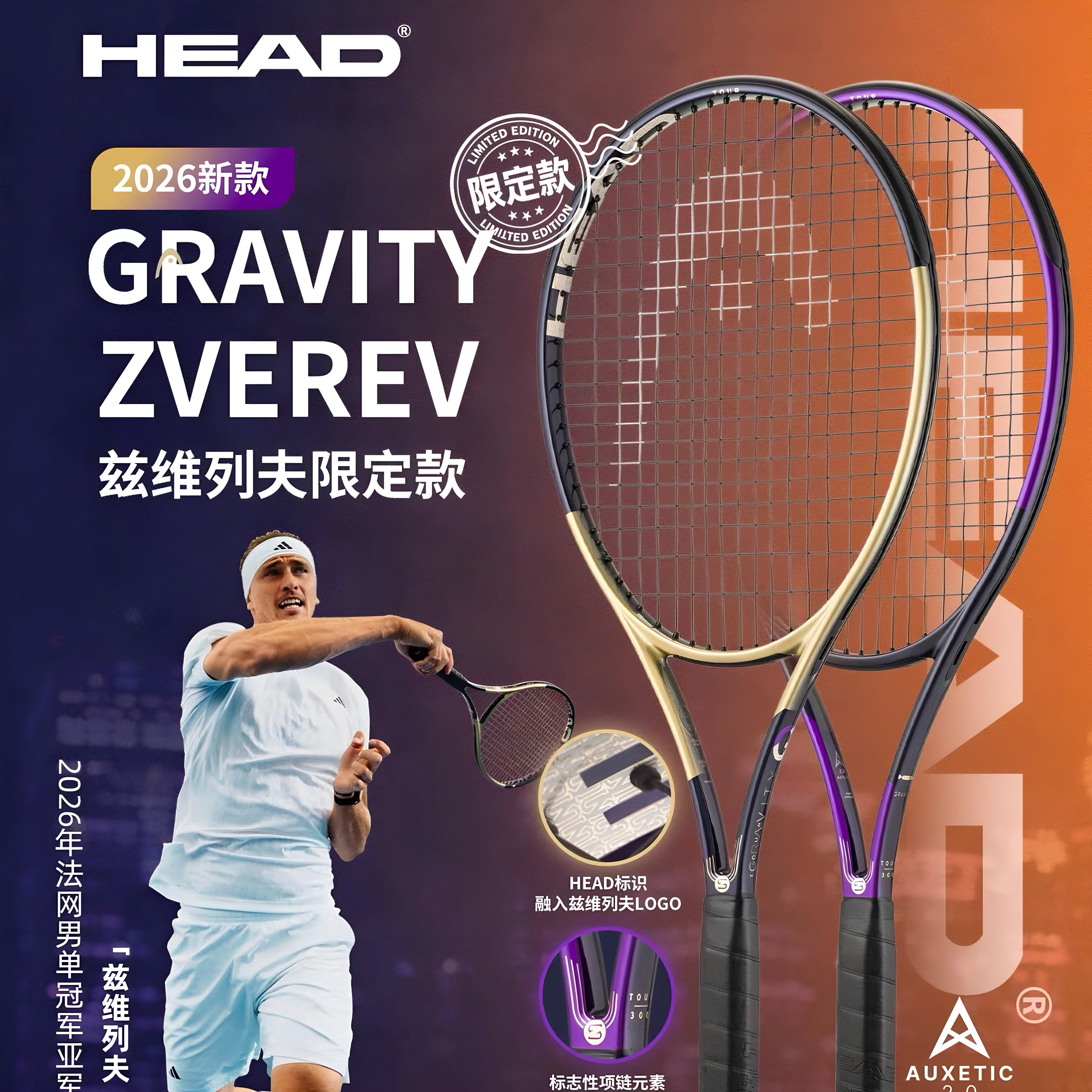 HEAD海德2026新款兹维列夫碳纤维网球拍紫金色GRAVITY单人专业拍