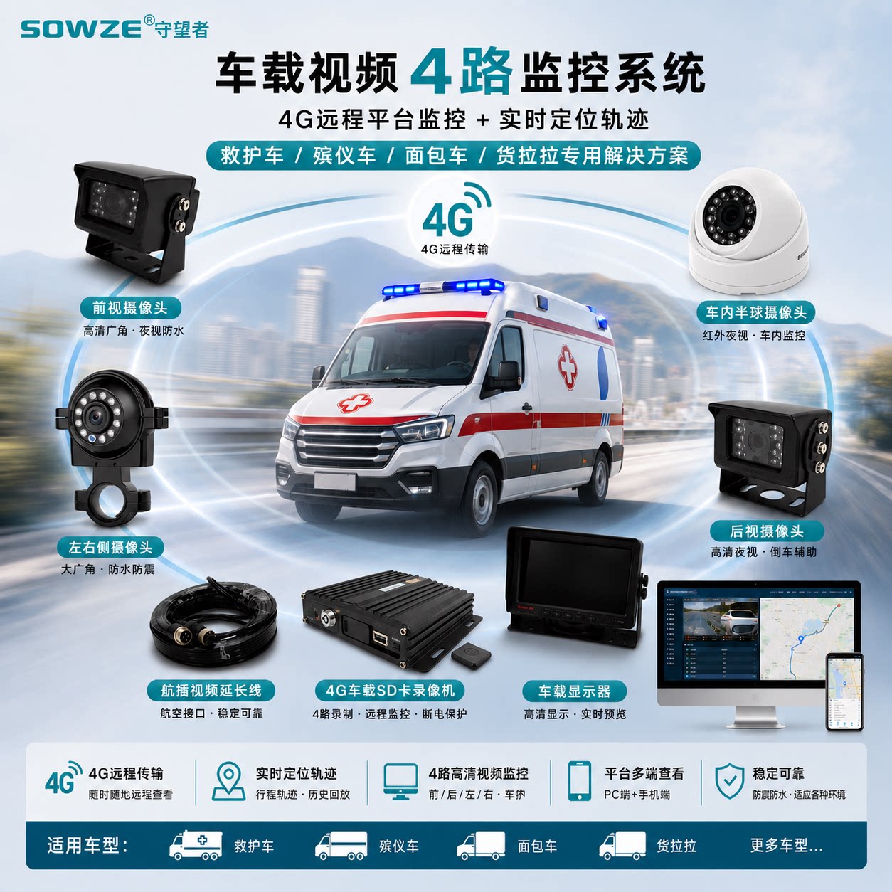 AHD监控4G录像机套装 200万高清防水摄像头GPS定位货运车辆行车记