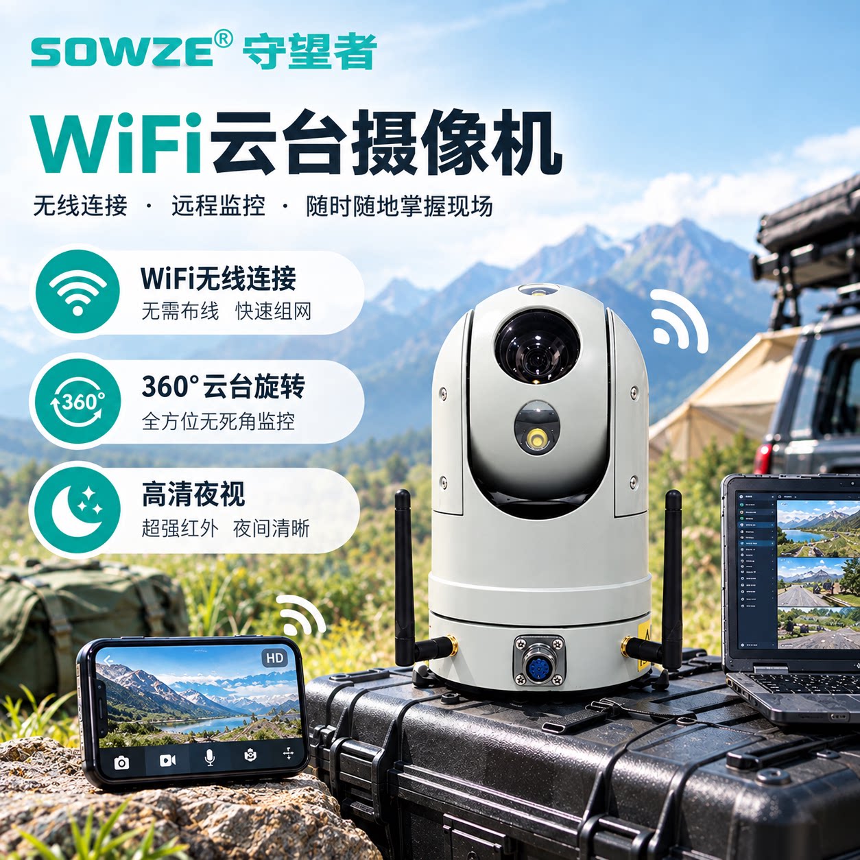 WiFi云台摄像机 200万高清红外夜视 电动变焦球机无线网络APP远程
