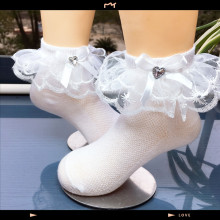 儿童袜子女童蕾丝花边公主袜薄春夏秋季白色舞蹈袜子蝴蝶结带钻