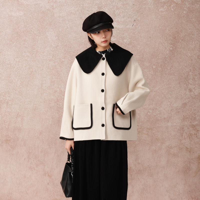 西町村屋100%绵羊毛文艺学院感羊毛大衣女秋冬气质中长款外套