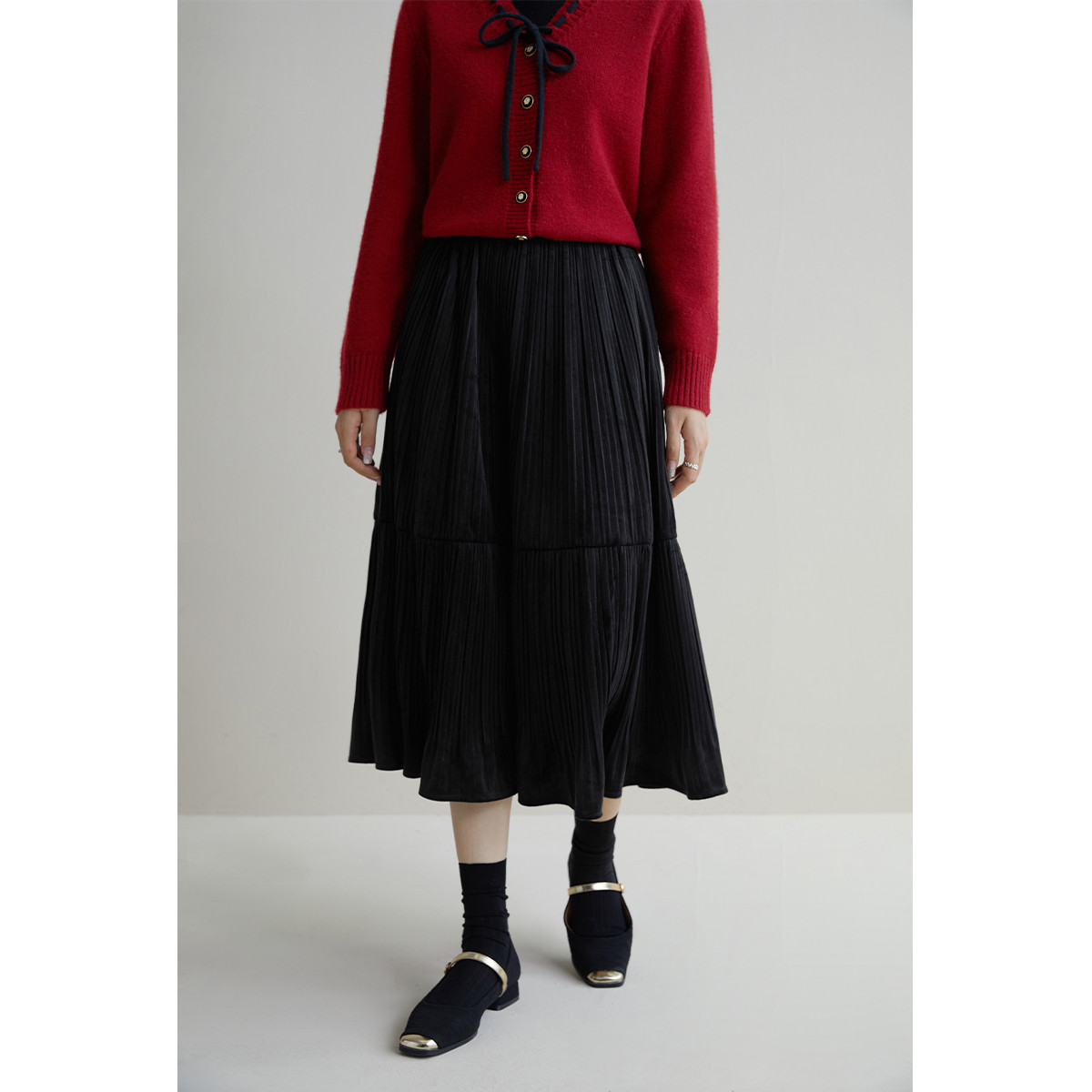 独束大码丝绒百褶半身裙秋装高腰两段式拼接压褶A字半裙