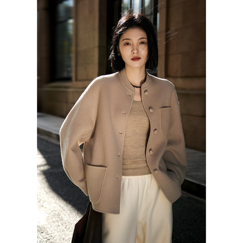 笑涵阁小盘扣东方元素绵羊毛双面穿短款毛呢大衣单排扣大衣外套