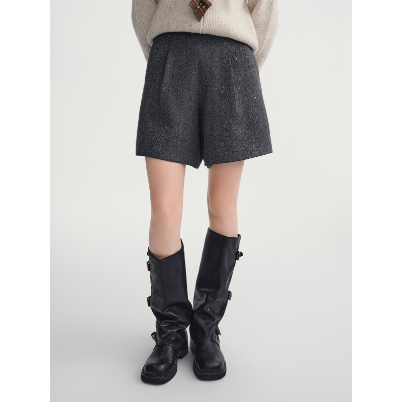 独束大码【繁星亮片】细闪毛呢短裤女2025冬装高腰短装休闲裤子