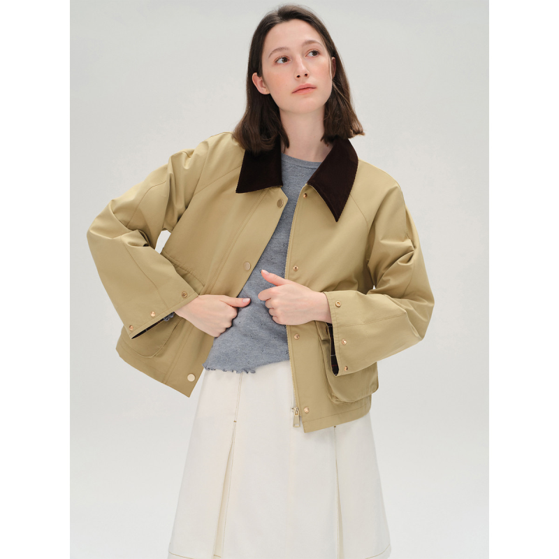 独束大码【咖格叙事】撞色复古巴恩风短款外套女秋季宽松风衣