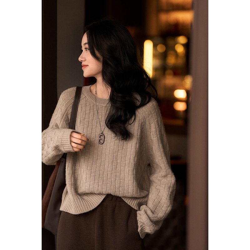 笑涵阁暖意生花宽松显瘦圆领方格毛衣套头衫羊毛羊绒针织衫秋