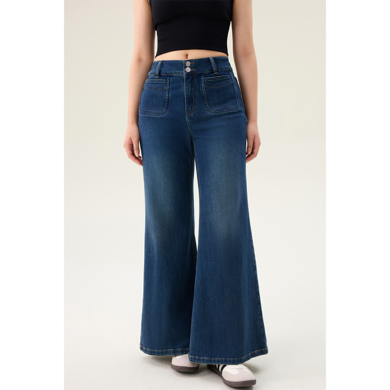 独束大码简约高腰显瘦牛仔裤女2025春季丹宁复古微喇裤长裤