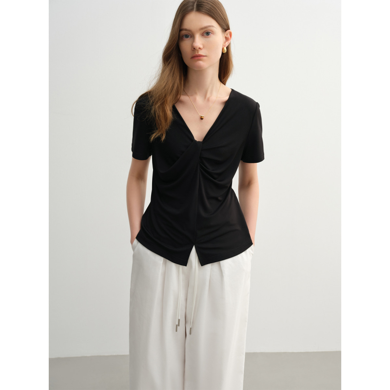 独束大码女装设计感简约短袖正肩T恤复古扭结气质醋纤V领显瘦上衣