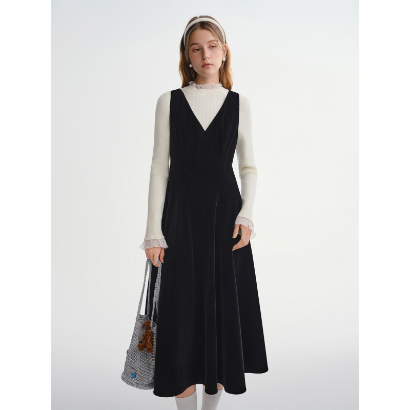 独束大码女装【流光丝绒】长款收腰背心裙秋冬大V领无袖小黑裙