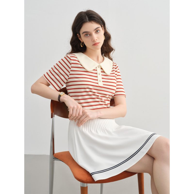 独束大码航海风夏日穿搭天丝条纹短袖T恤夏季POLO领百搭上衣