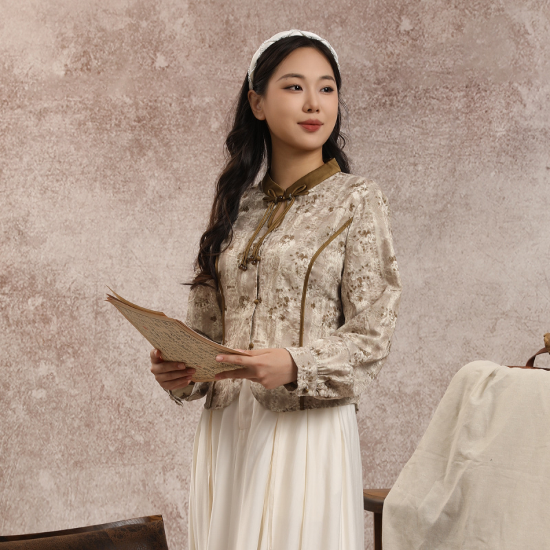 西町村屋衬衫女国风撞色长袖小衫女装秋季新中式立领衬衣商场同款