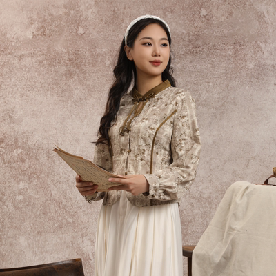 西町村屋衬衫女国风撞色长袖小衫女装秋季新中式立领衬衣商场同款