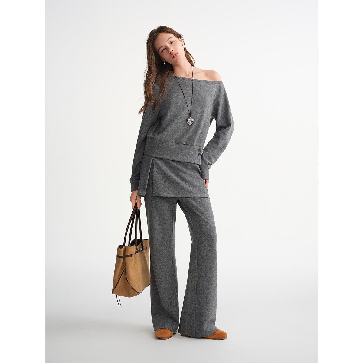 独束大码【风格异想】斜肩卫衣假两件裙裤时尚套装微胖时尚冬