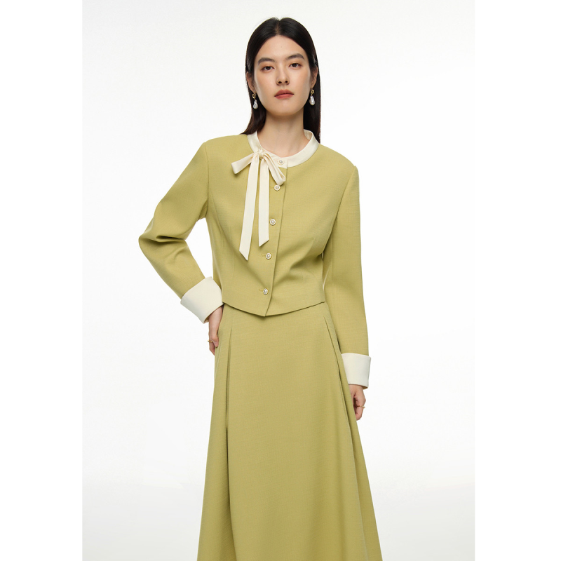 独束大码撞色小香风外套女春秋季微胖mm时尚减龄蝴蝶结短外套