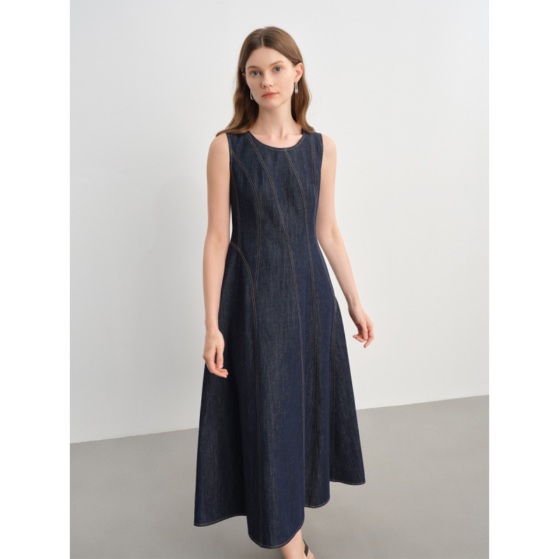 独束大码女装线雕裙无袖牛仔连衣裙夏季含莱赛尔显瘦背心裙长裙