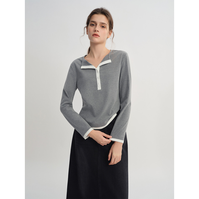 独束大码女装撞色拼接亨利领长袖T恤2025秋季时尚通勤上衣