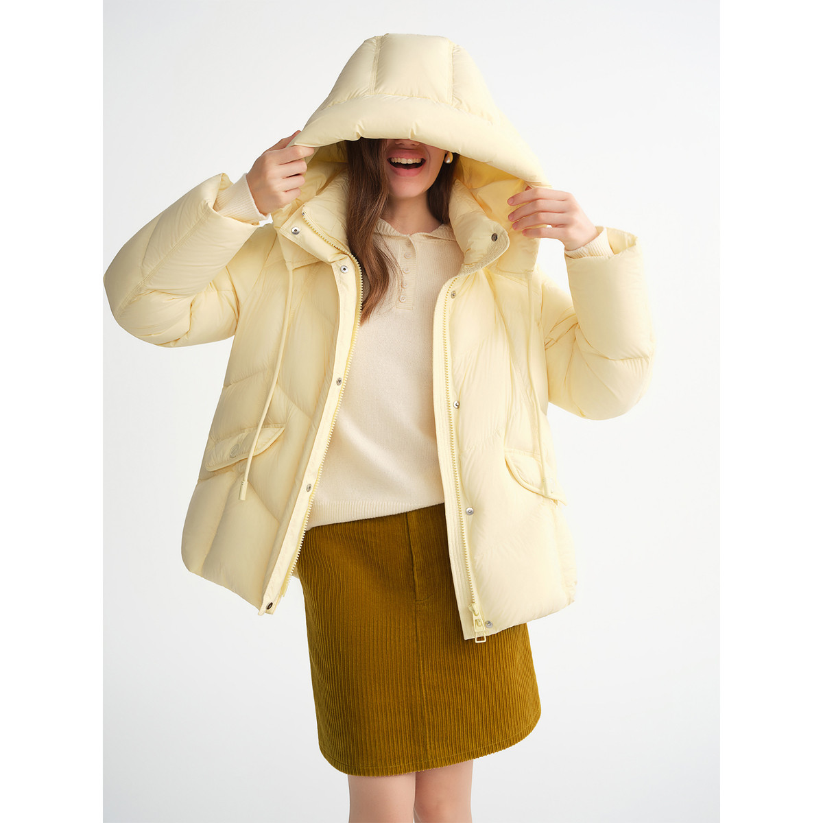 独束大码【暖暖面包】短款立领连帽三防羽绒服女冬保暖鸭绒外套