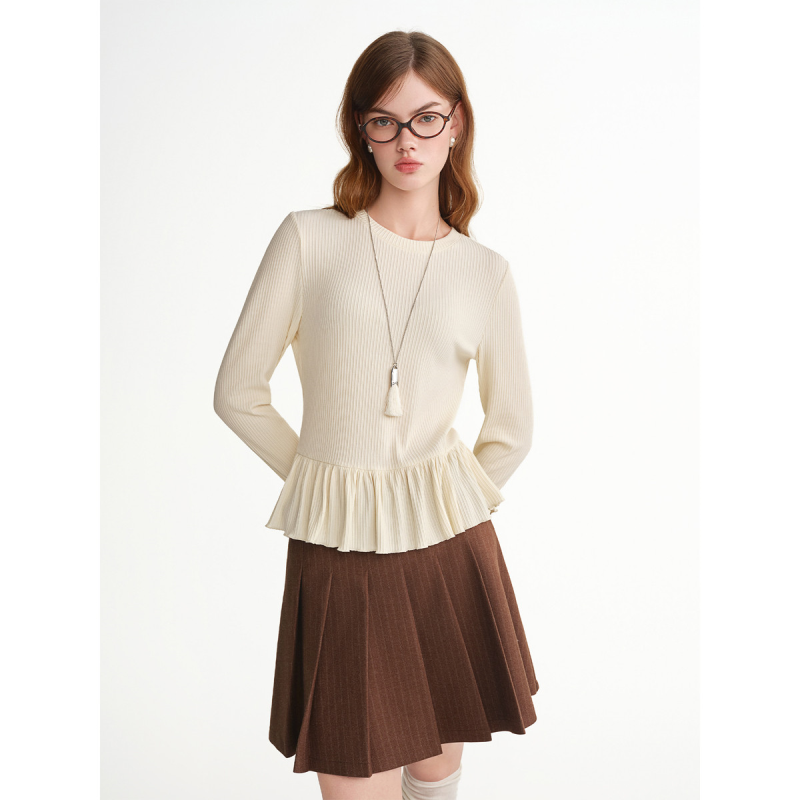 独束大码冬日涟漪圆领荷叶边打底衫2025冬季温柔甜美显瘦针织衫