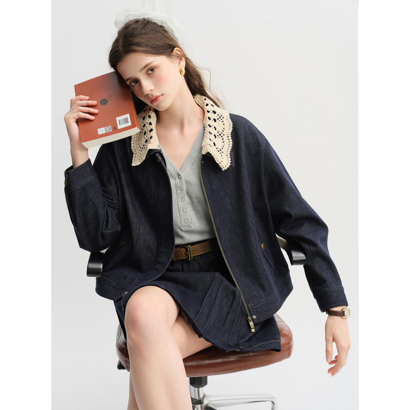 独束大码【甜酷交织】手工钩花领牛仔外套2025秋季休闲短外套