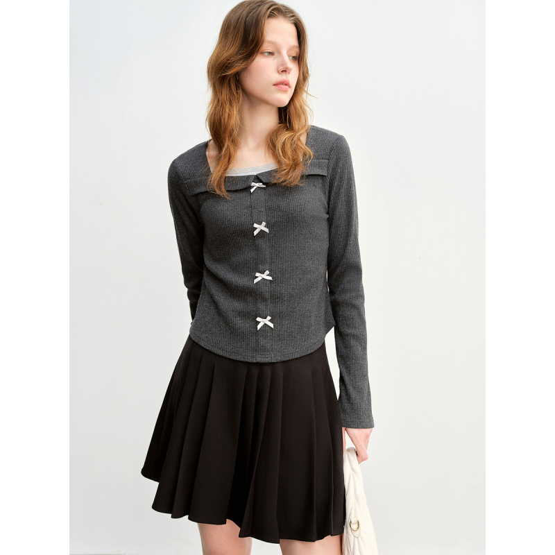 独束大码气质蕾丝拼接假两件T恤春季方领蝴蝶结内搭