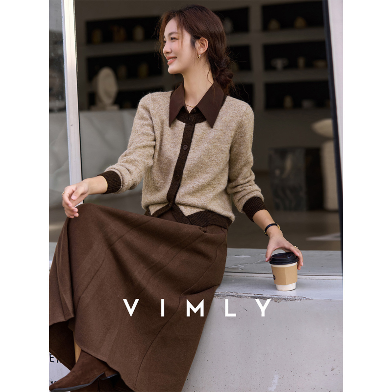 梵希蔓暖棕絮语2025年冬装撞色边毛衣搭半身裙高级感套装女