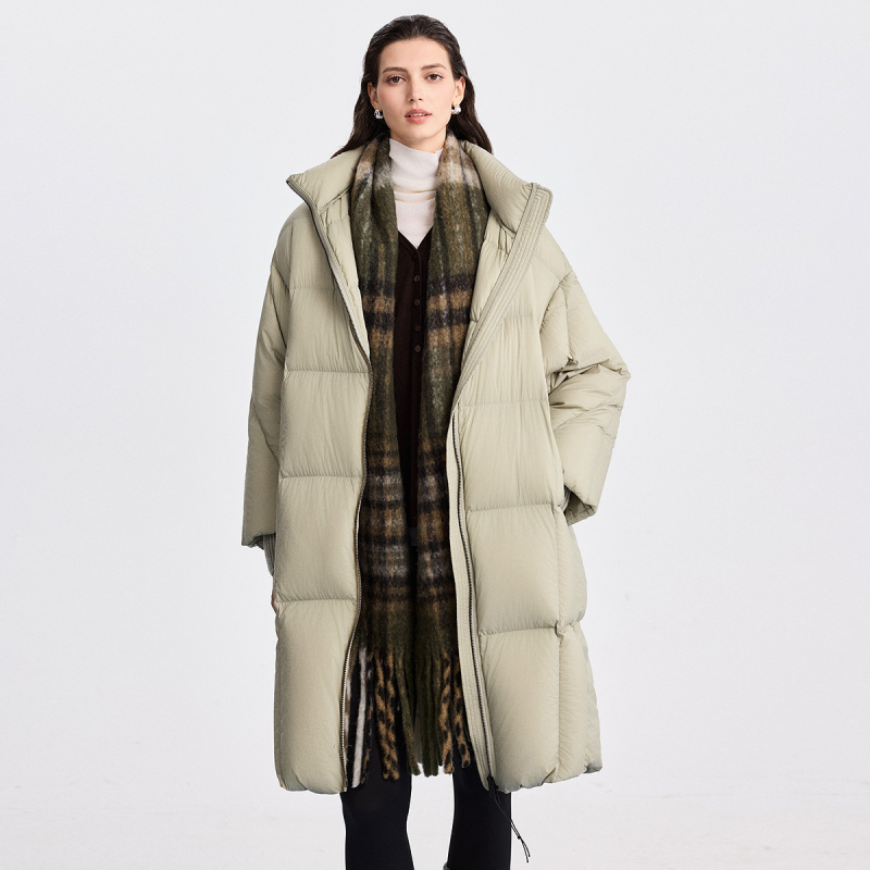 初棉【90白鹅绒】褶皱肌理感连帽羽绒服女25秋冬中长款过膝外套女