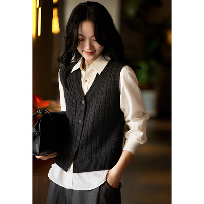 笑涵阁韩系高智感7针坑条绞花背心羊毛羊绒V领针织衫开衫毛衣秋季