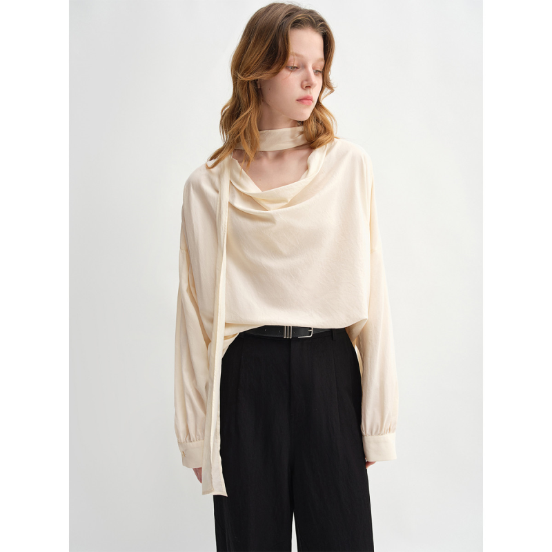 独束大码女装月光曲设计感飘带衬衫秋季莱赛尔天丝气质落肩上衣