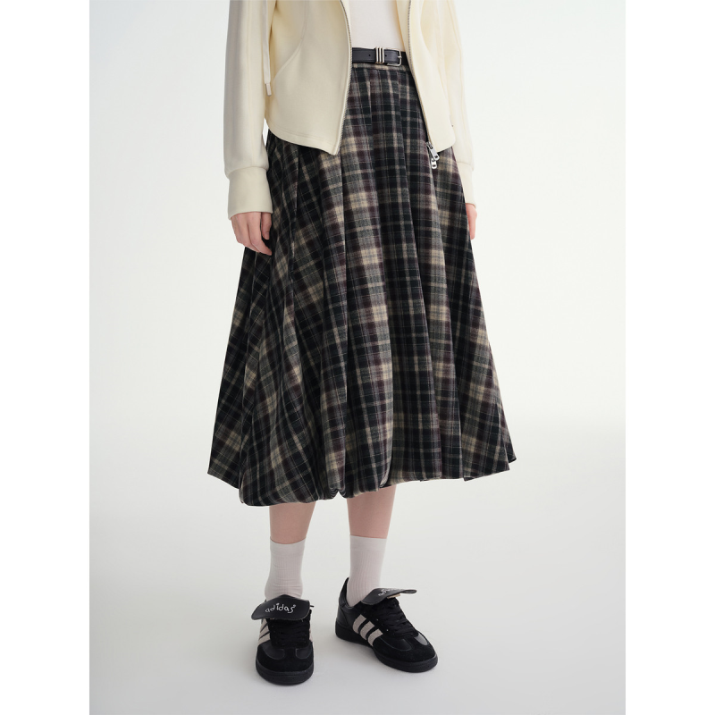 独束大码【浓郁栗棕】复古格子半身裙2025花苞裙A字裙显高