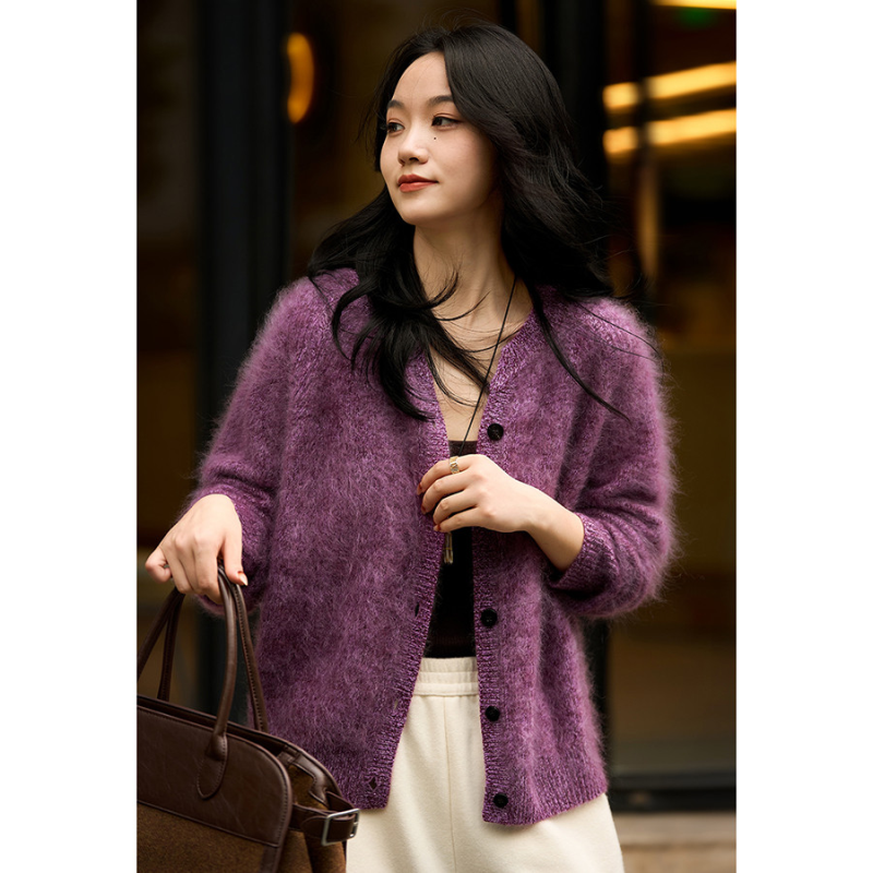 笑涵阁皇室拉毛羊绒针织开衫上衣圆领单排扣宽松舒适毛衣外套秋冬