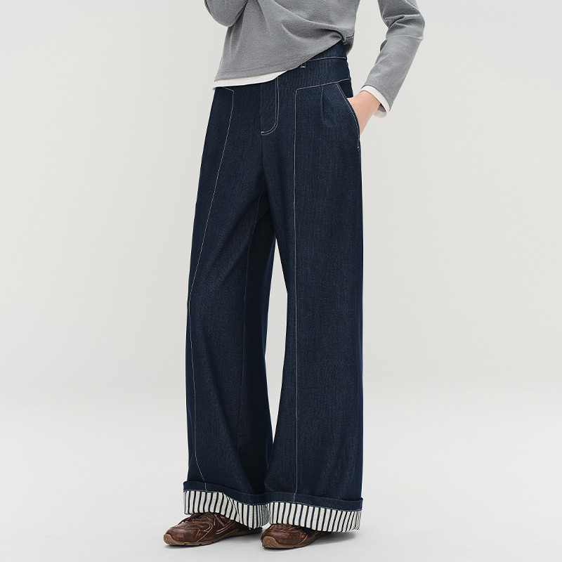 独束大码【翻边条纹】复古仿牛仔阔腿裤2025秋宽松牛仔长裤直筒裤