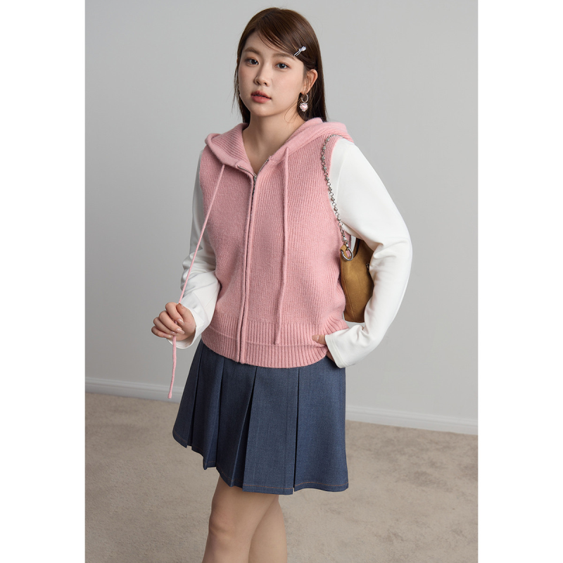 独束大码简约休闲连帽针织背心秋装保暖内搭毛衫马夹开衫女