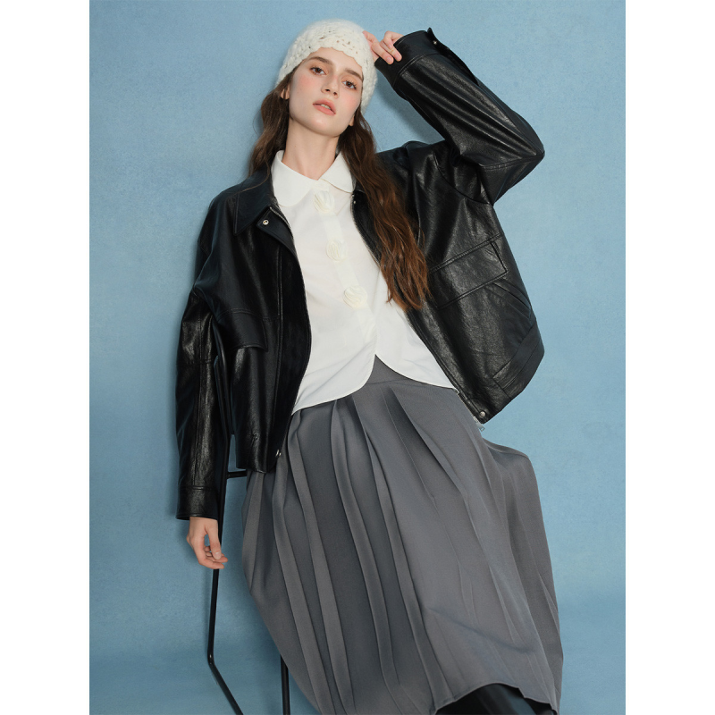 独束大码【焦糖黑巧】复古酷飒风外套女2025宽松短款PU皮衣