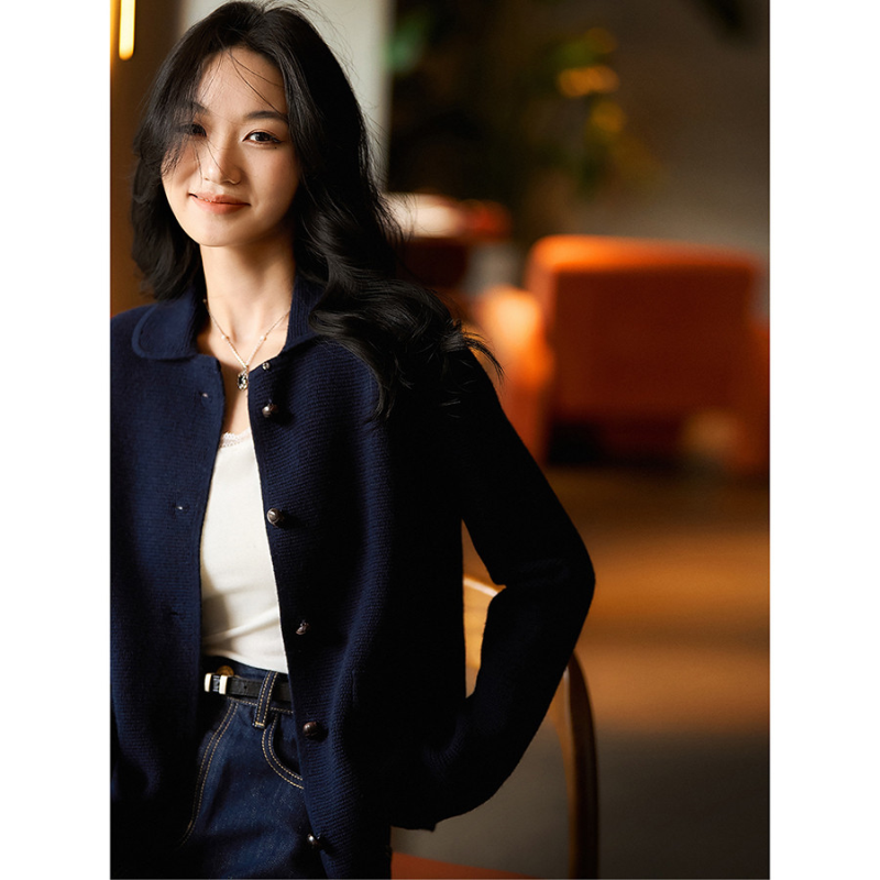 笑涵阁复古MIU系羊毛羊绒气质小翻领针织短外套单排扣羊毛衫上衣