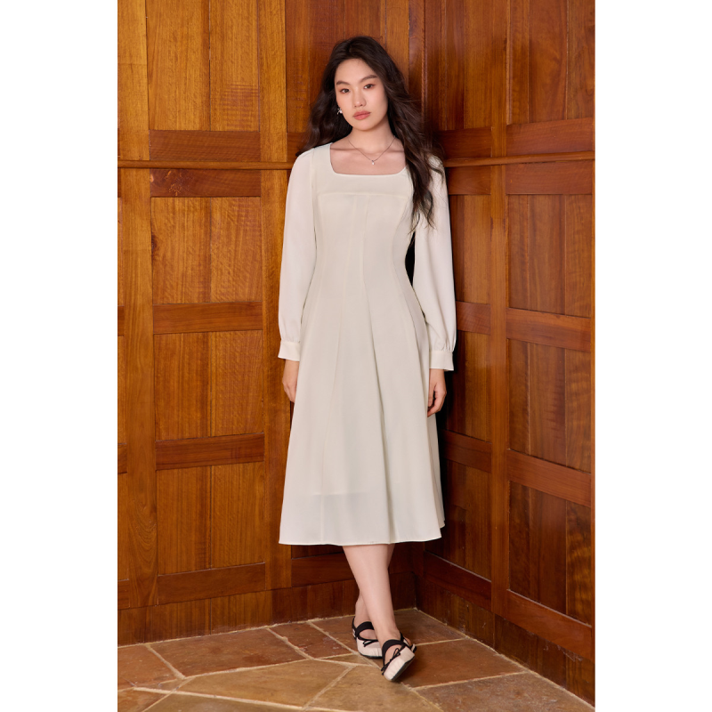 独束常规版长袖线雕裙大码优雅气质收腰连衣裙女方U领大伞摆长裙