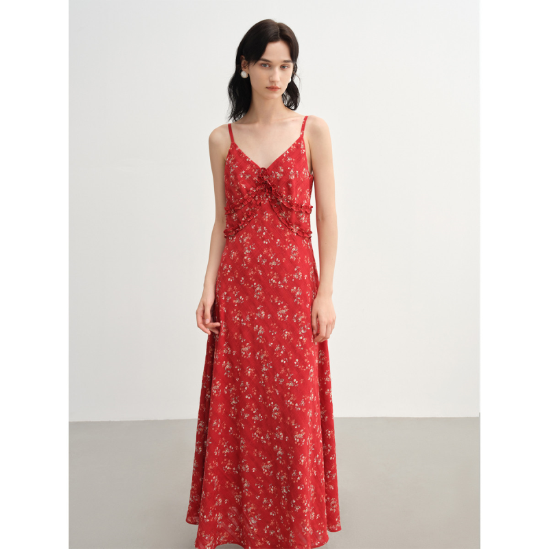 独束大码女装气质吊带连衣裙夏胖mm显瘦浪漫木耳边格纹印花长裙