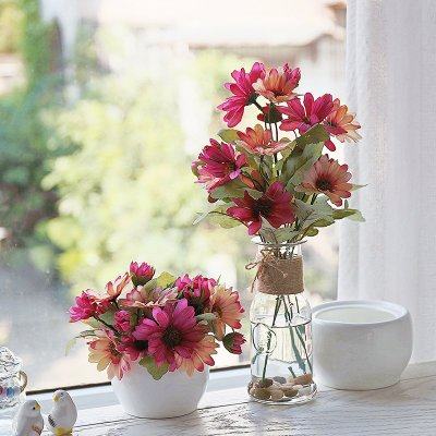 和家雏菊绢花PU红掌绿植仿真花白陶瓷花盆小盆栽透明玻璃瓶2件套