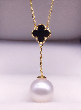 S925纯银珍珠吊坠9-10mm天然珍珠妖紫色黑玛瑙四叶草项链正圆强光