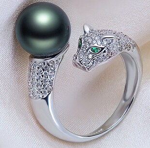 大溪地黑珍珠戒指 海水黑珍珠戒指10-11mm无暇【豹】 特价包邮