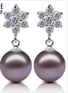 9-10mm正圆天然淡水珍珠耳钉 富贵花开款紫色珍珠耳钉吊坠
